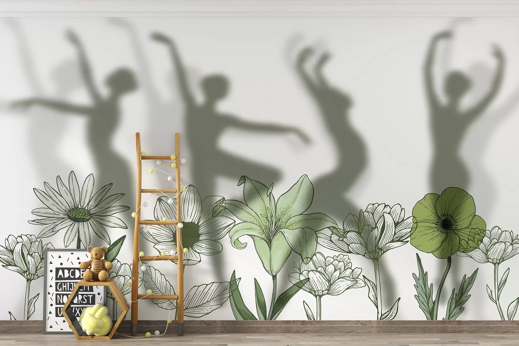 wall murals Силуете балерина, рустично цвеће, линијске цртеже, зелене боје w04069v1