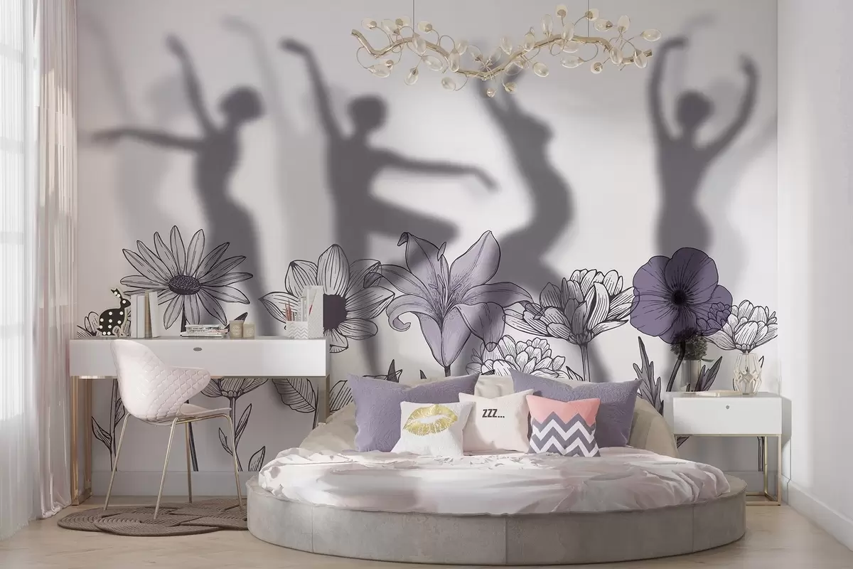 wall murals Силуете балерина, рустично цвеће, линијске цртеже, сиве и љубичасте боје w04069v2