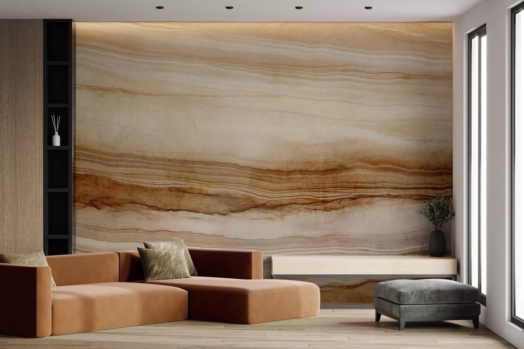 wall murals Имитација текстуре дрвета са хоризонталним линијама, беж и тамносмеђа боја, природни принт, земљани меки тонови w09156