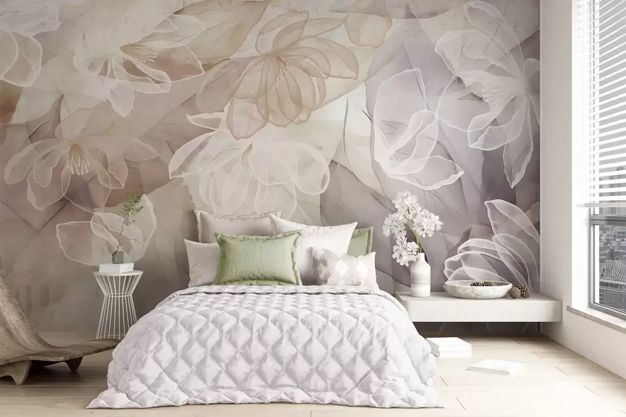 wall murals Цветови и листови са провидним латицама у нијансама беле, беж и љубичасте, меки и нежни w09158