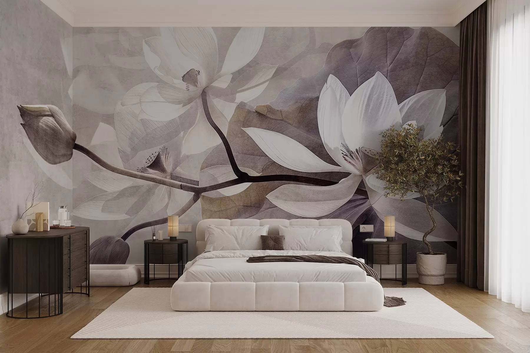 wall murals Зрнасто текстурирани пригушени нежни цветови лотоса са листовима и стабљикама у мекој, беж палети боја w09159