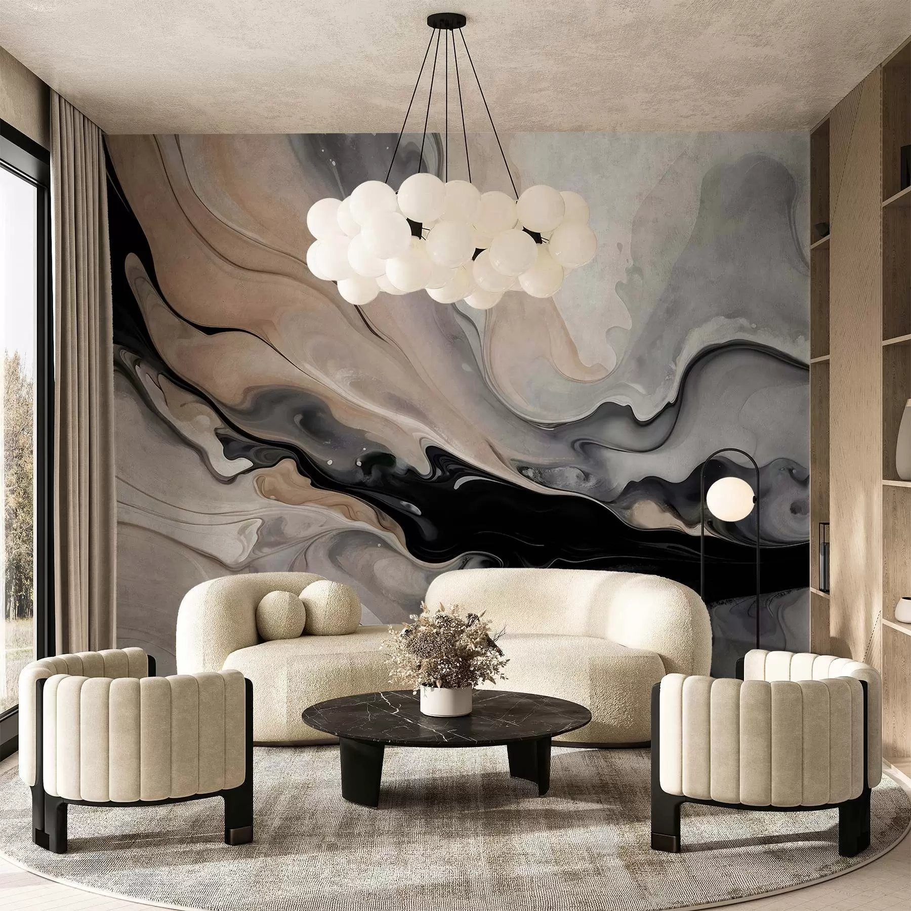 wall murals Апстрактна флуидна текстурирана слика у нијансама црне, беле, сиве и беж имитације мермера w09160