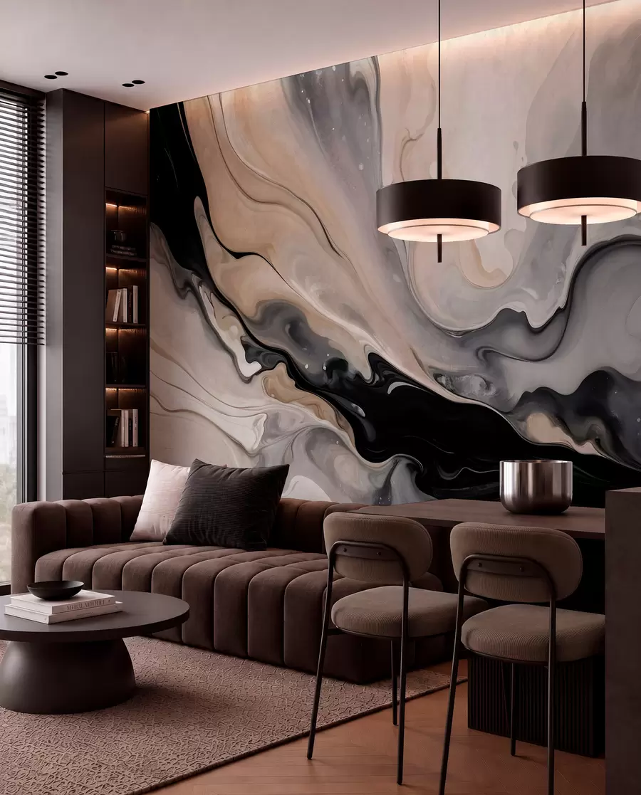 wall murals Апстрактна флуидна текстурирана слика у нијансама црне, беле, сиве и беж имитације мермера w09160