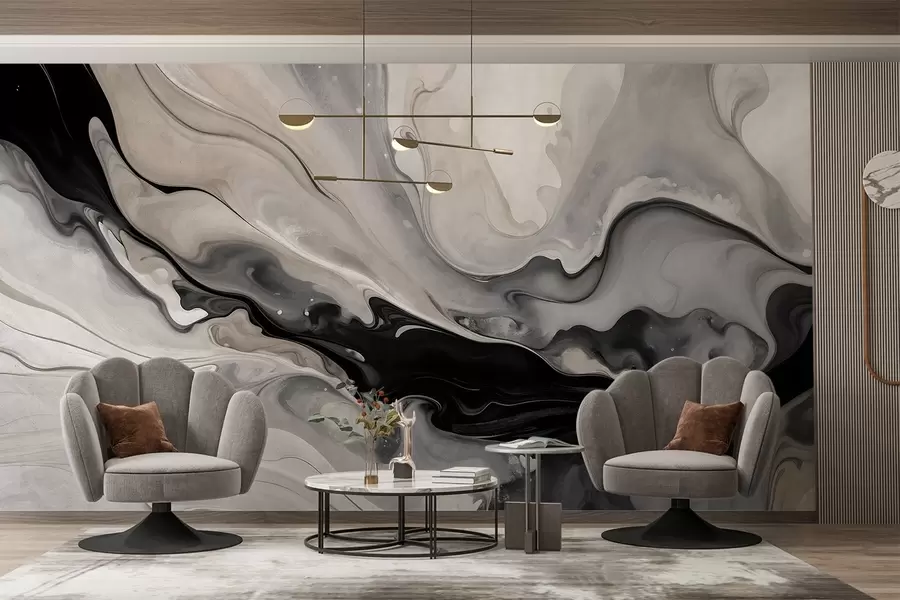 wall murals Апстрактна флуидна текстурирана слика у нијансама црне, беле, сиве и беж имитације мермера w09160