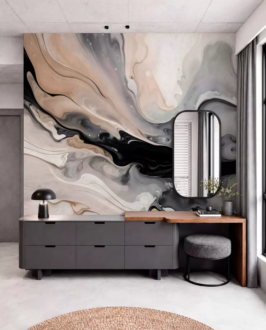 wall murals Апстрактна флуидна текстурирана слика у нијансама црне, беле, сиве и беж имитације мермера w09160