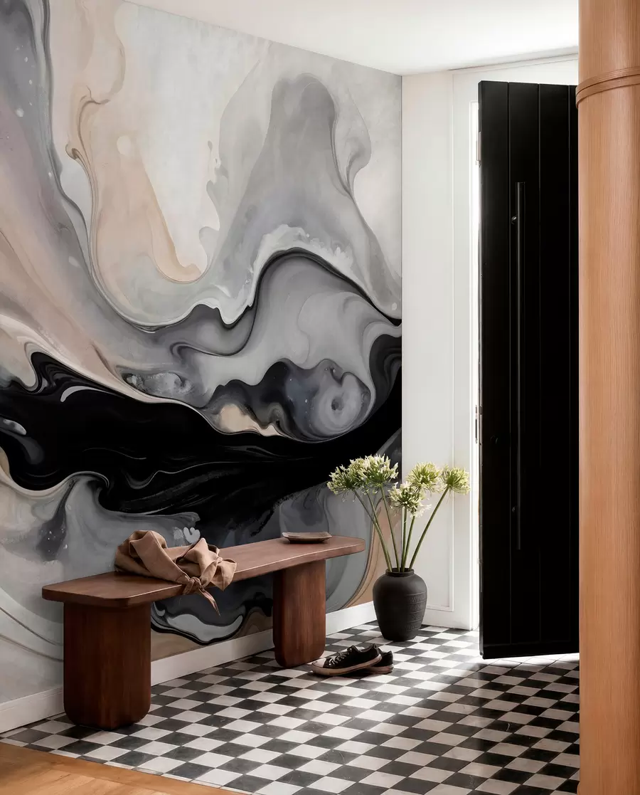 wall murals Апстрактна флуидна текстурирана слика у нијансама црне, беле, сиве и беж имитације мермера w09160