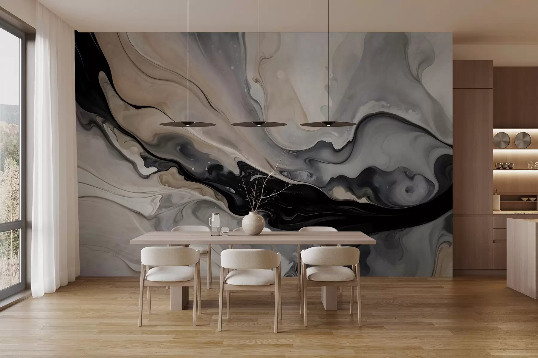 wall murals Апстрактна флуидна текстурирана слика у нијансама црне, беле, сиве и беж имитације мермера w09160