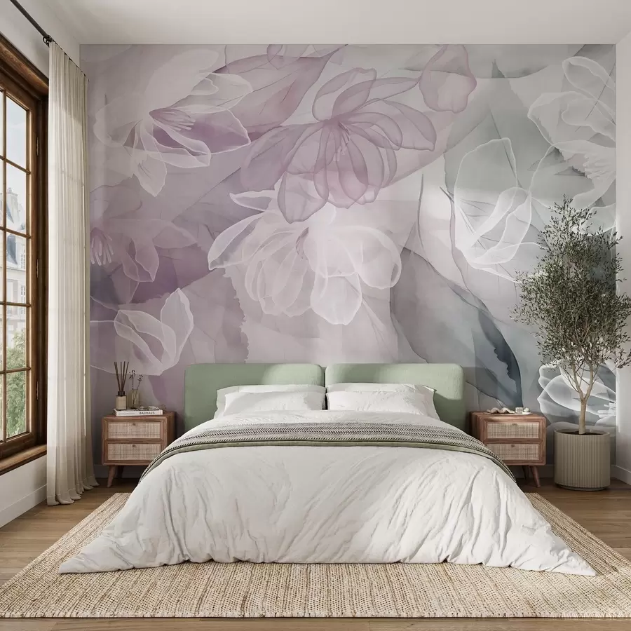 wall murals Цветови и листови са провидним латицама у нијансама беле, ружичасте и зелене, меки и нежни w09158v1
