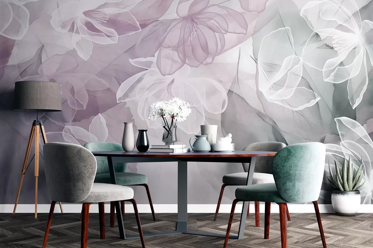 wall murals Цветови и листови са провидним латицама у нијансама беле, ружичасте и зелене, меки и нежни w09158v1