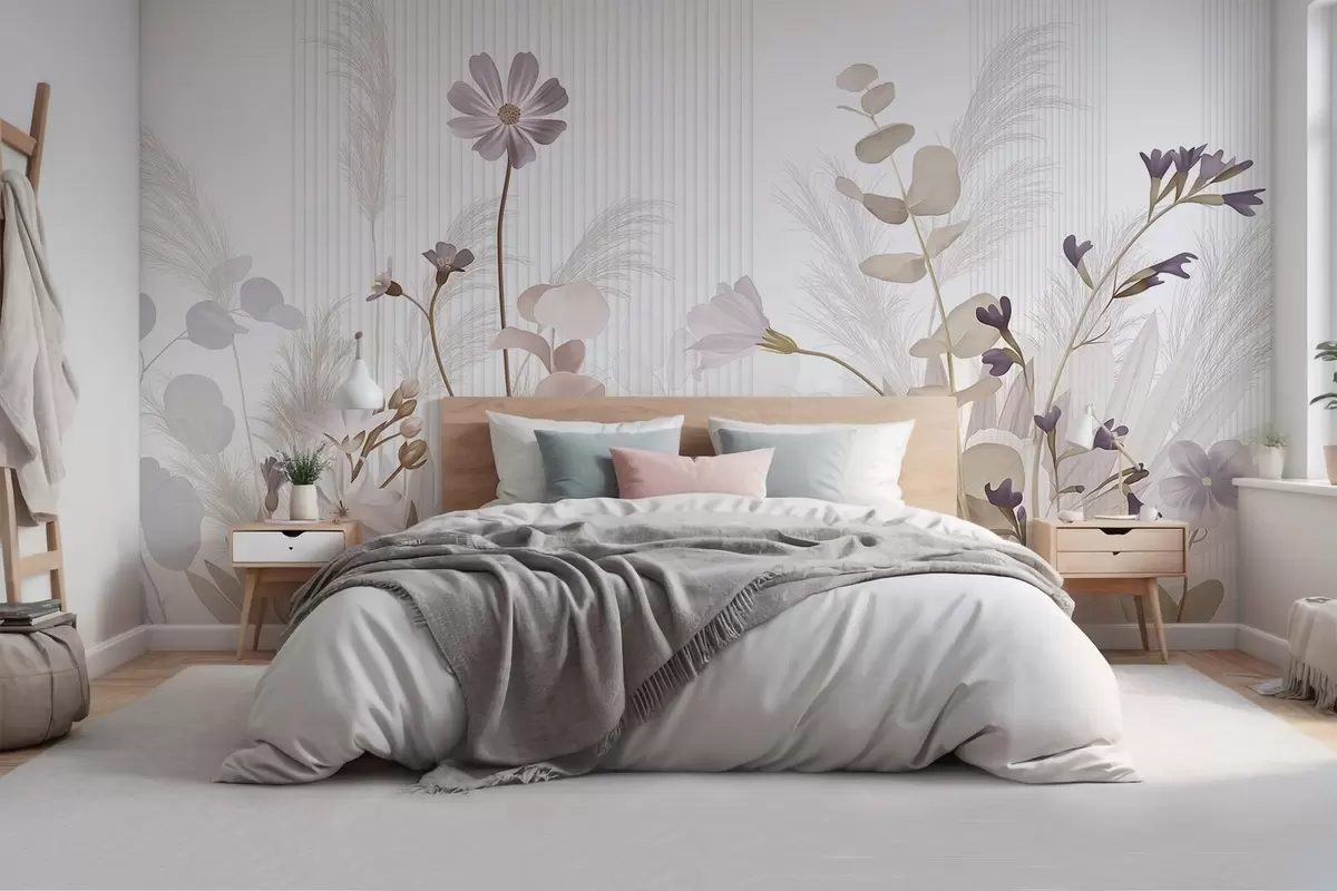 wall murals Цвеће у пастелним бојама, светло смеђе лишће, бела позадина са вертикалним линијама, елегантно и минималистичко  w09161