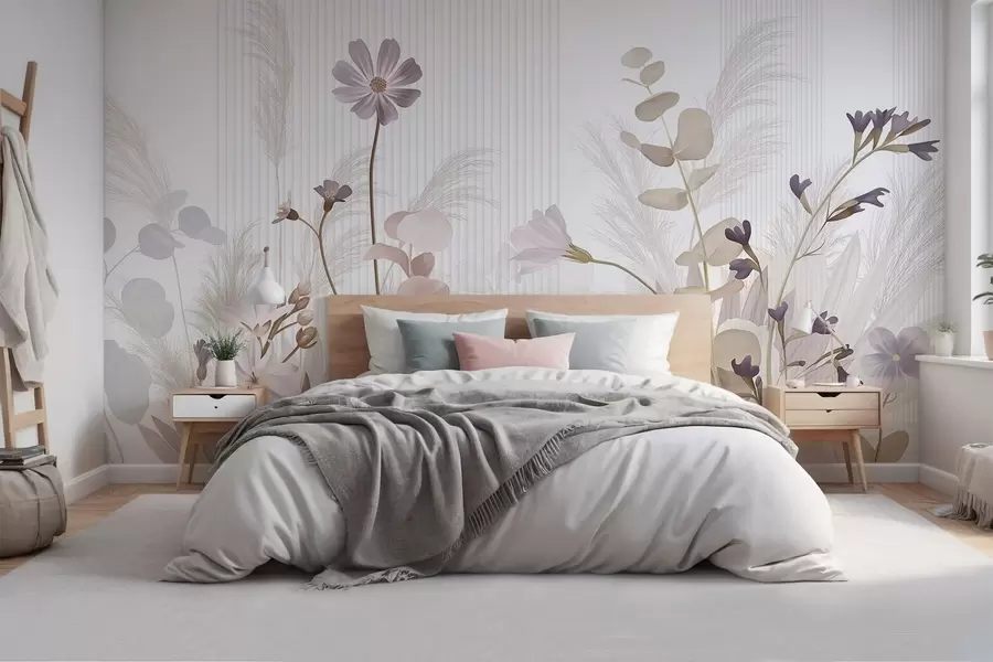 wall murals Цвеће у пастелним бојама, светло смеђе лишће, бела позадина са вертикалним линијама, елегантно и минималистичко  w09161