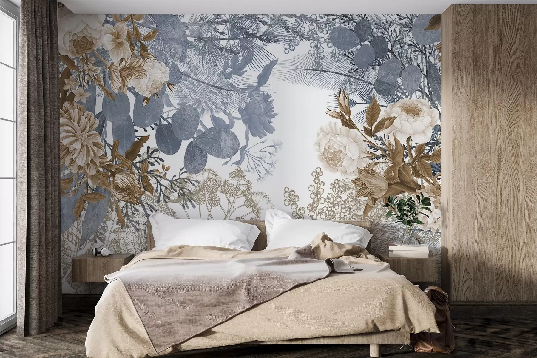 wall murals Винтаж цветни аранжман са ружама, еукалиптусом и мимозом у нијансама плаве и браон  w09164