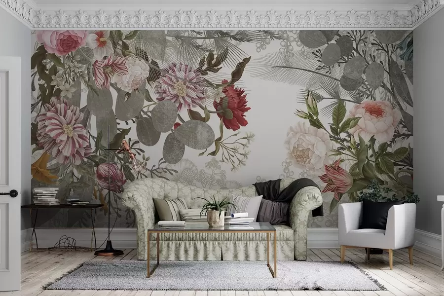 wall murals Винтаж цветни аранжман са ружама, еукалиптусом и мимозом у нијансама пригушене зелене, црвене и ружичасте w09164v1