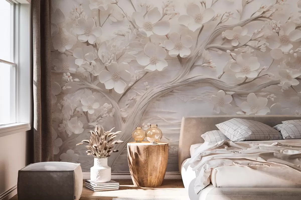 wall murals Текстурирано дрво са белим цвећем и смеђим стаблом, позадина је бела са хоризонталним линијама, меко осветљење w09166