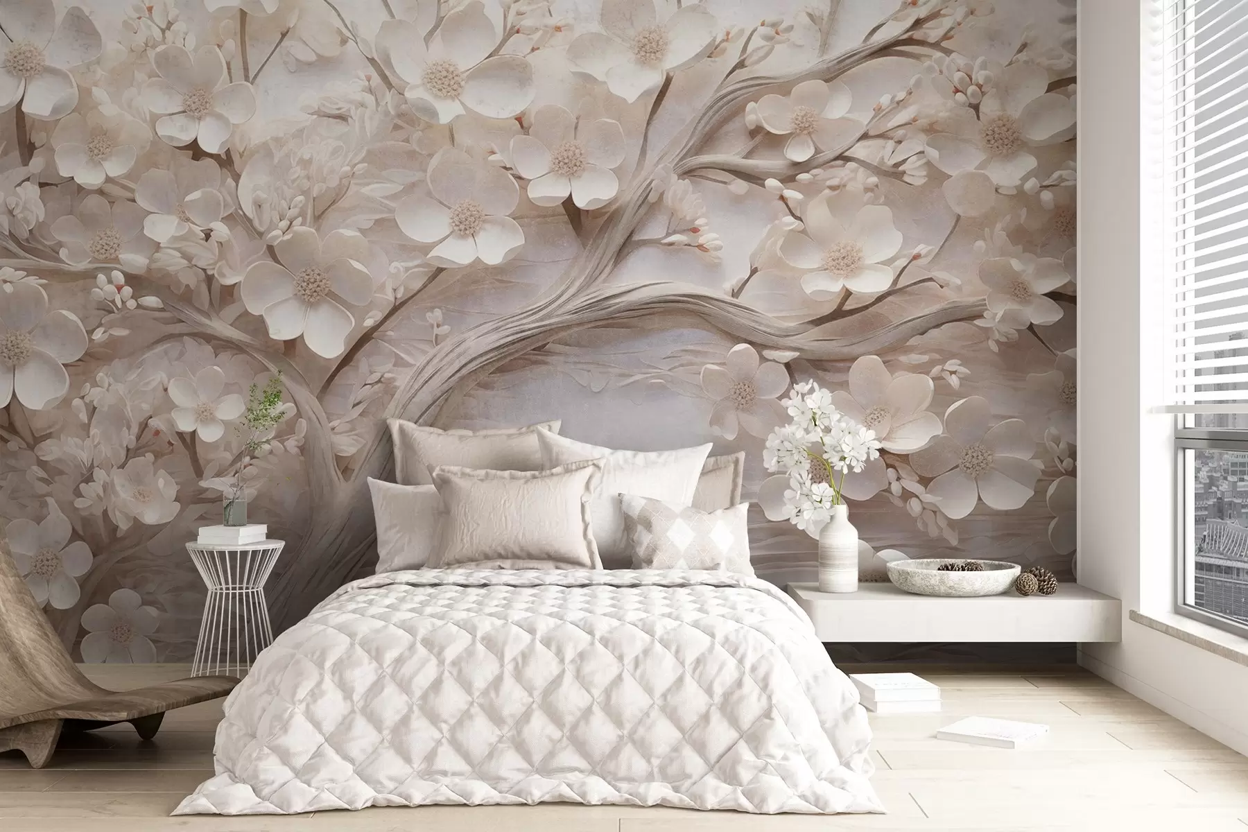 wall murals Текстурирано дрво са белим цвећем и смеђим стаблом, позадина је бела са хоризонталним линијама, меко осветљење w09166