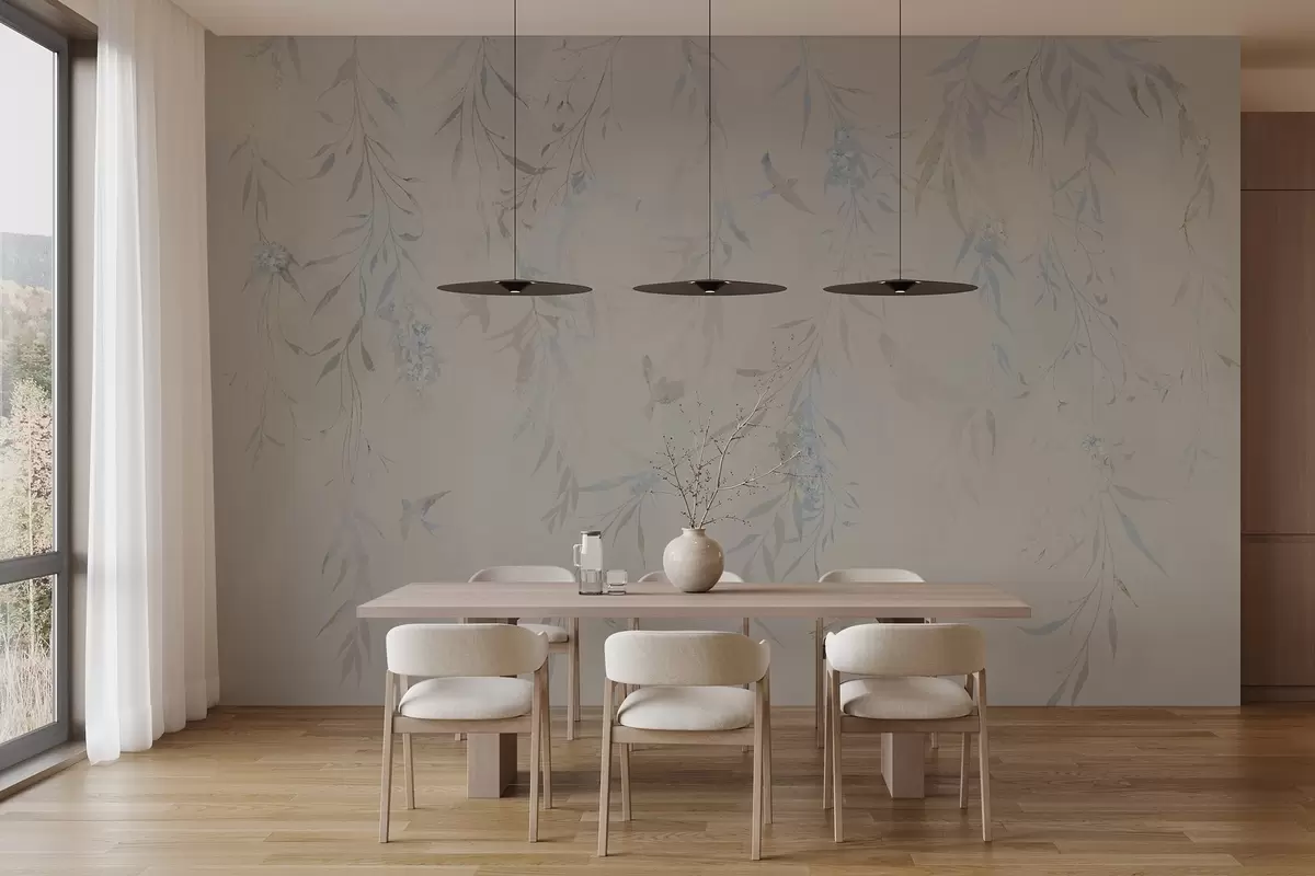 wall murals Гране са висећим лишћем и птицама w04053
