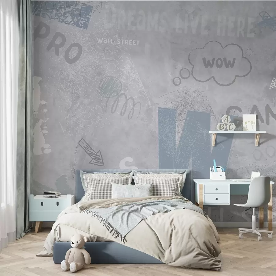 wall murals Дизајн у стилу уличне уметности са плавим натписима на позадини бетонског зида w04056v1