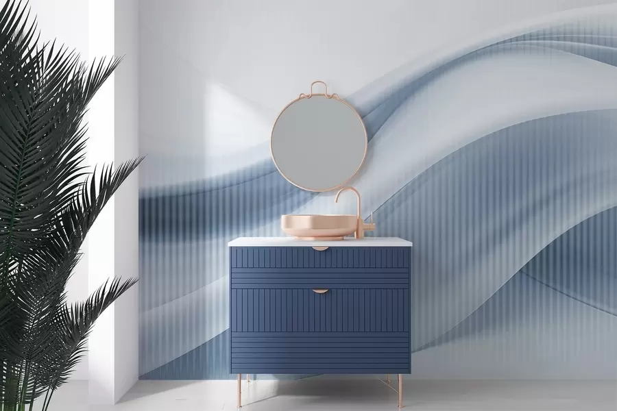 wall murals Апстрактни отисак са течним линијама и суптилним вертикалним пругама, стварајући осећај покрета и дубине, плава палета w09189v1