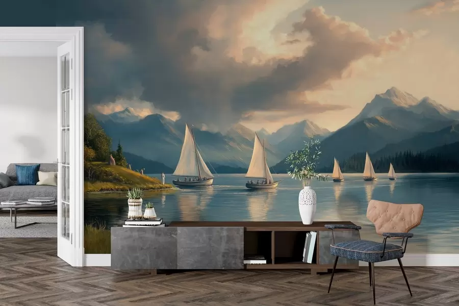 wall murals Регата на језеру са облачним небом у стилу уљане слике из 19. века w04076