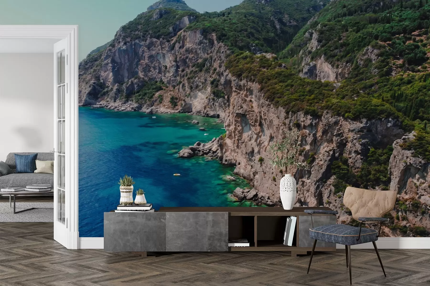 wall murals Стеновите планине близу мора, цртеж уљаним стилом, аквамарин вода w04096