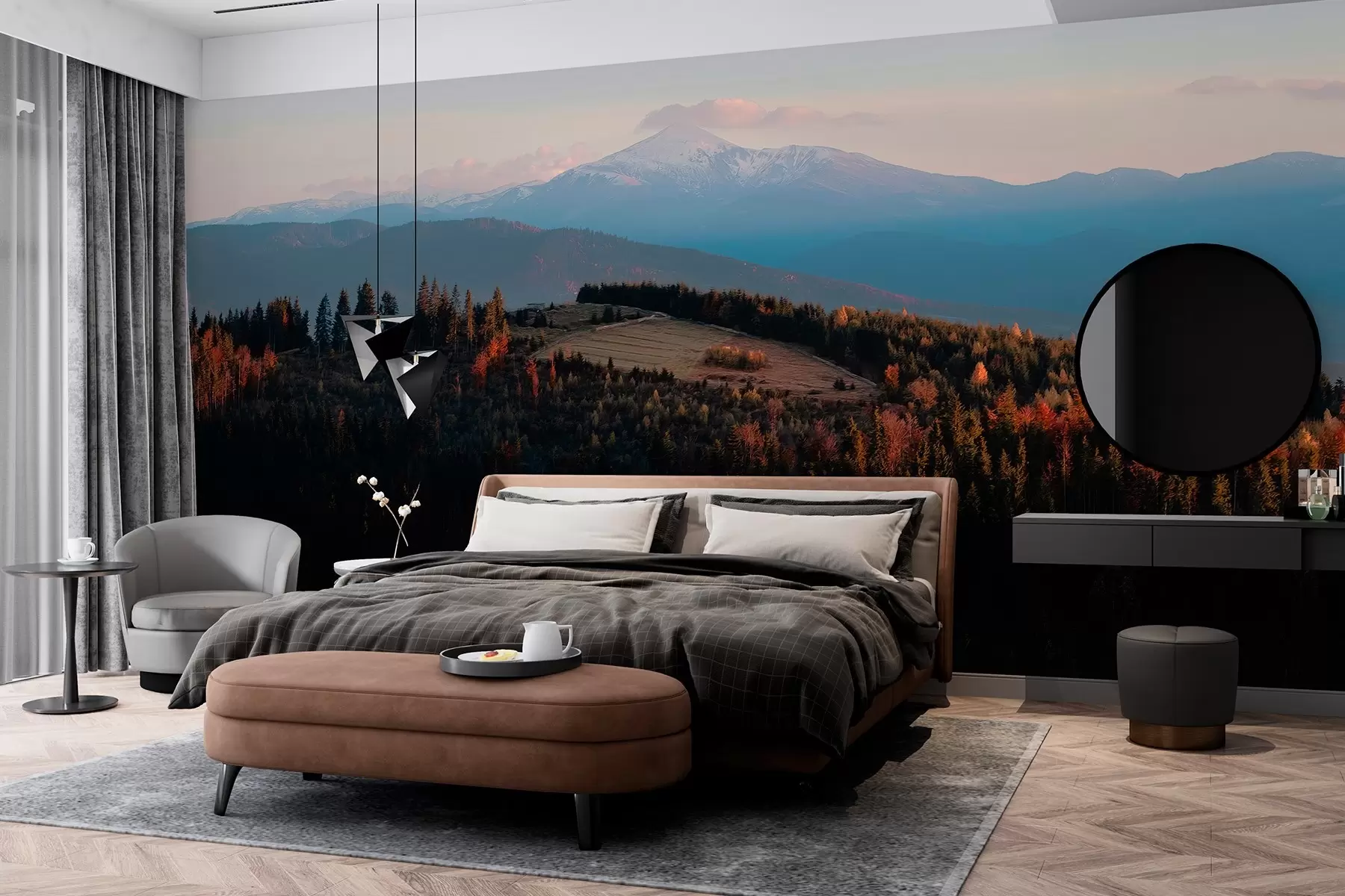wall murals Карпати, текстура уљаног стила, јесења шума, небо са заласком сунца w04098