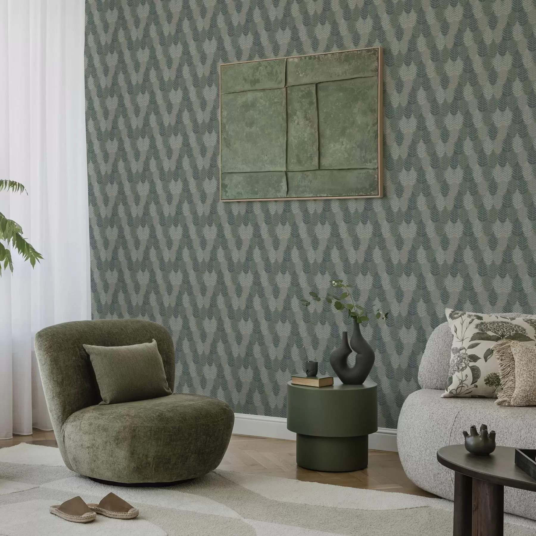 wall murals Листови папрати, геометријски узорак, зелене и плаве боје a00211