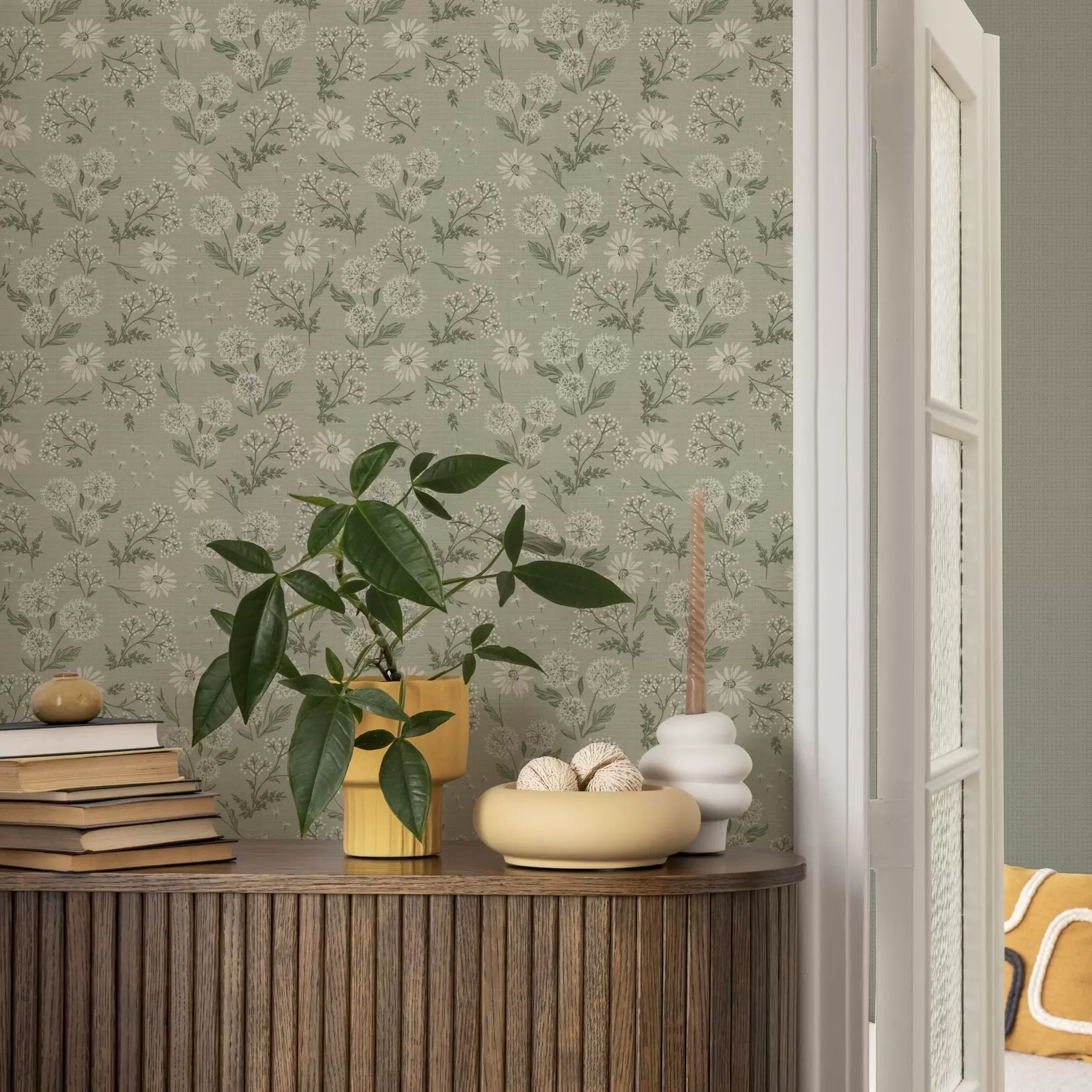 wall murals Маслачци и тратинчице, ботанички узорак на сиво-зеленој позадини a00224
