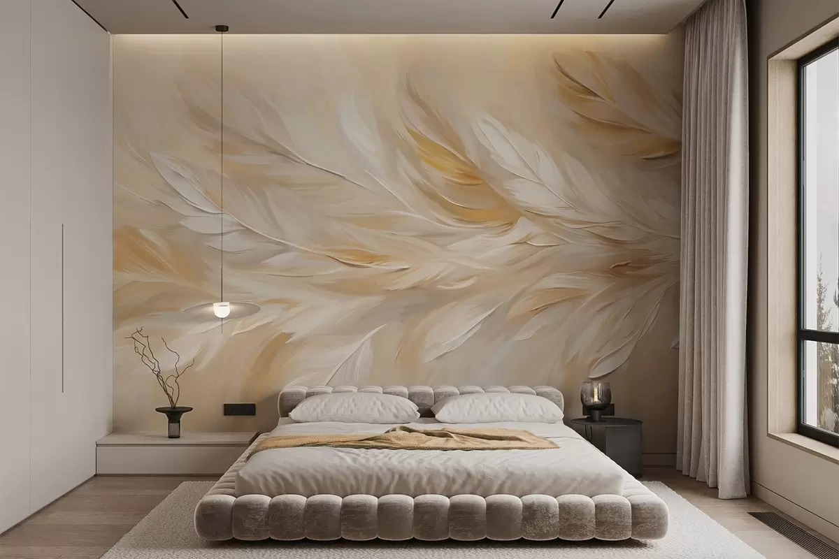 wall murals Бело и беж перје распоређено у течном отиску, мека текстура, топла палета боја, апстрактна позадина w09191