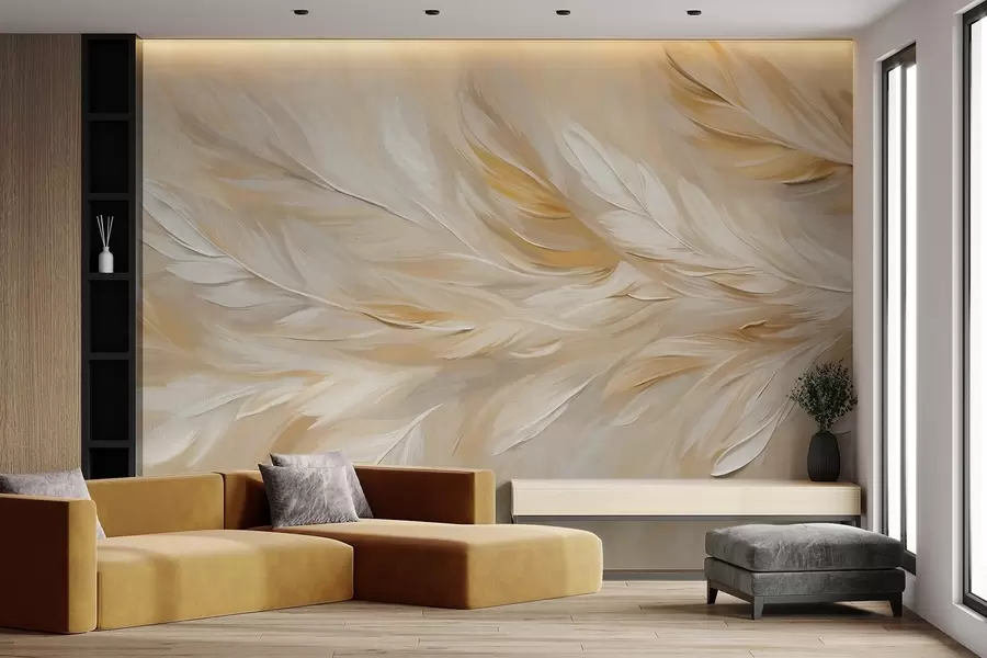 wall murals Бело и беж перје распоређено у течном отиску, мека текстура, топла палета боја, апстрактна позадина w09191