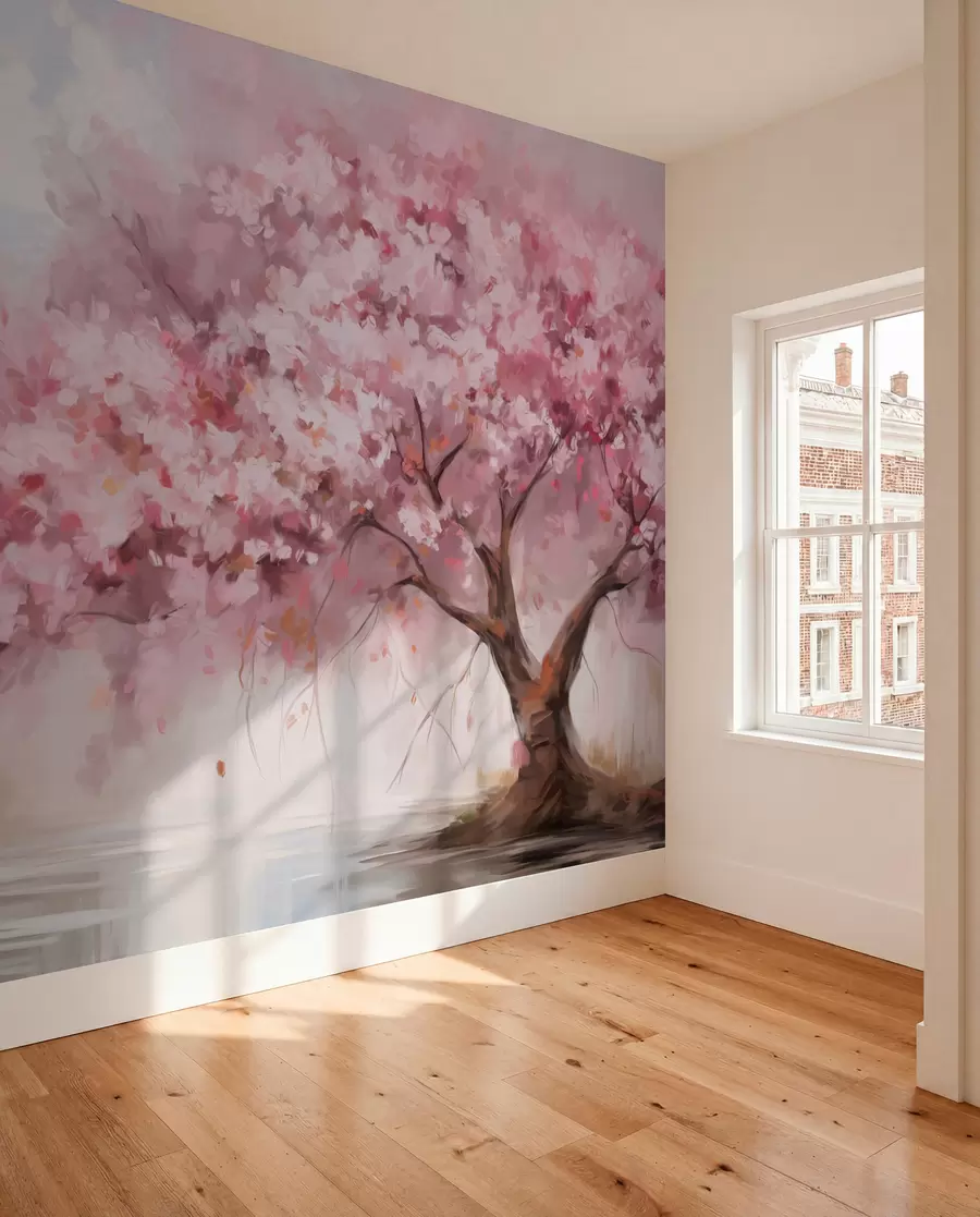 wall murals Апстрактно ружичасто дрво у пуном цвету, поред реке, меки текстурирани потези четкицом и пастелне боје w09193
