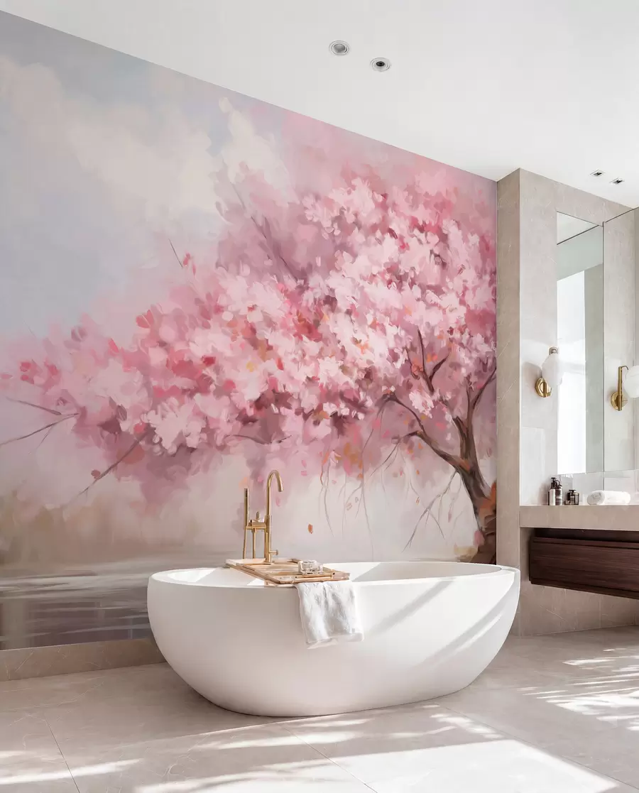 wall murals Апстрактно ружичасто дрво у пуном цвету, поред реке, меки текстурирани потези четкицом и пастелне боје w09193