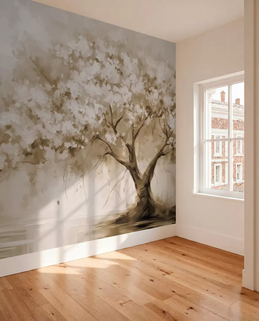 wall murals Апстрактно беж дрво у пуном цвету, поред реке, меки текстурирани потези четкицом и пастелне боје w09193v1