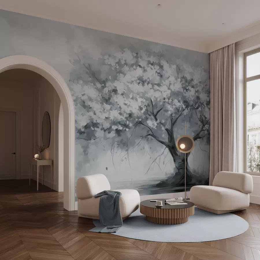 wall murals Апстрактно пригушено плаво дрво у пуном цвету, поред реке, меки текстурирани потези четкицом и пастелне боје w09193v2