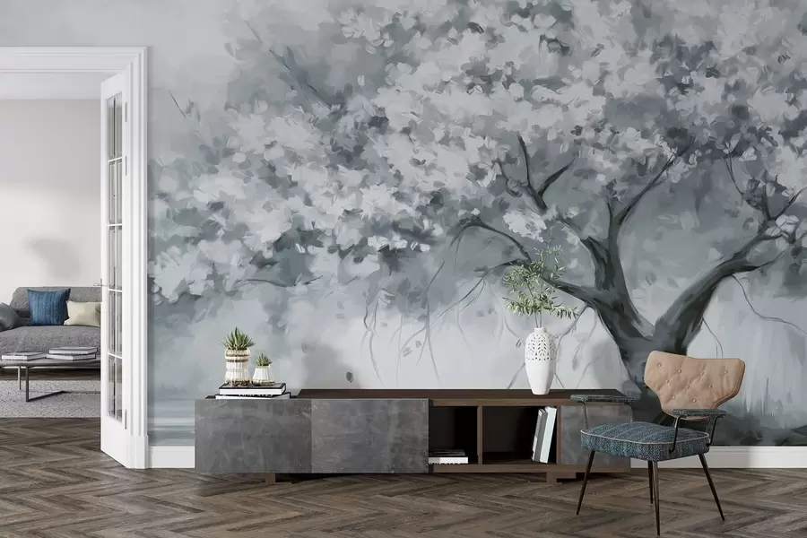 wall murals Апстрактно пригушено плаво дрво у пуном цвету, поред реке, меки текстурирани потези четкицом и пастелне боје w09193v2