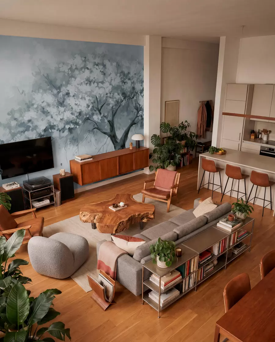 wall murals Апстрактно пригушено плаво дрво у пуном цвету, поред реке, меки текстурирани потези четкицом и пастелне боје w09193v2
