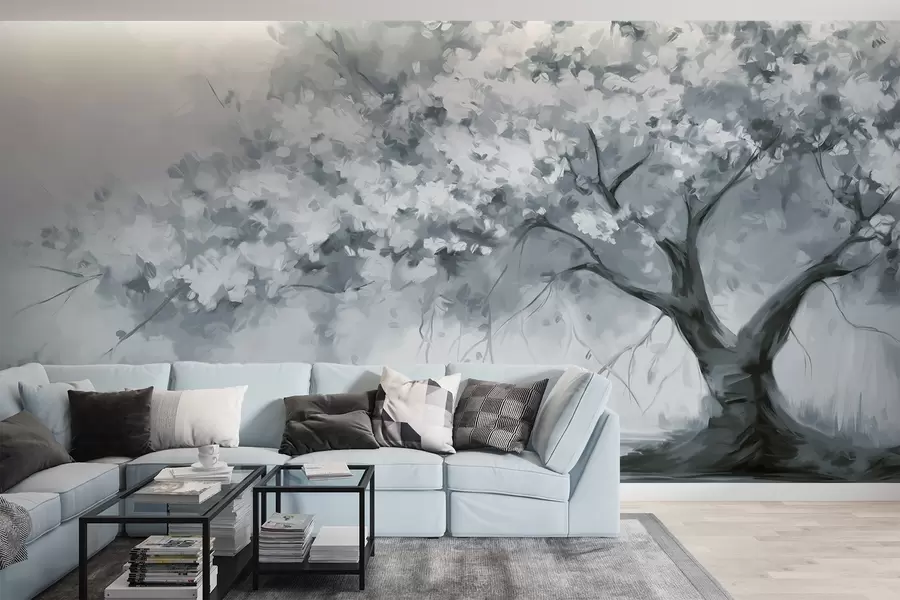 wall murals Апстрактно пригушено плаво дрво у пуном цвету, поред реке, меки текстурирани потези четкицом и пастелне боје w09193v2