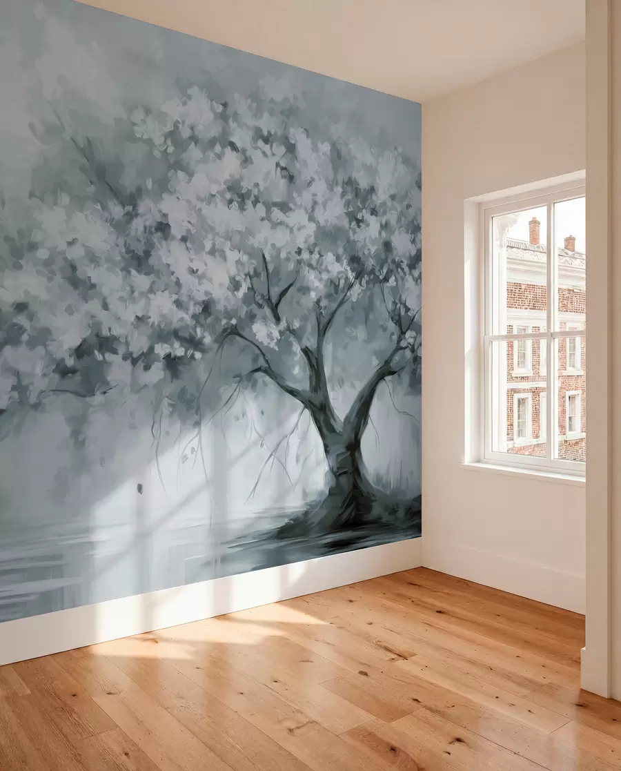 wall murals Апстрактно пригушено плаво дрво у пуном цвету, поред реке, меки текстурирани потези четкицом и пастелне боје w09193v2
