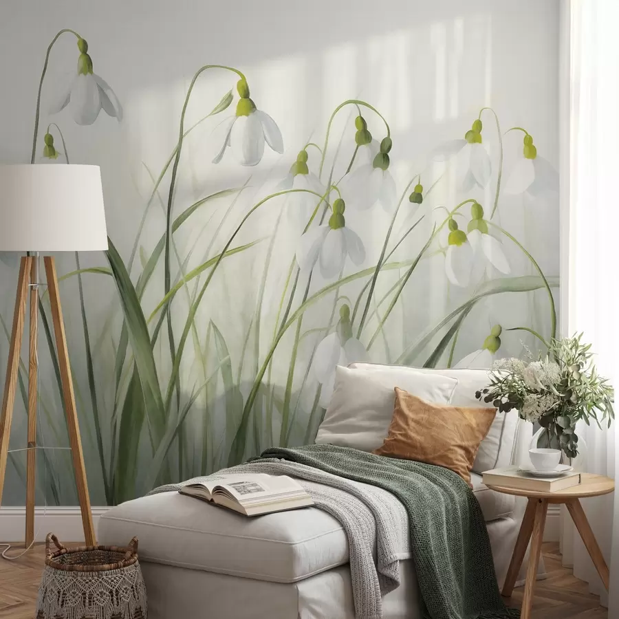 wall murals Цветови висибабе са зеленим текстурираним стабљикама и листовима, акварелни пролећни стил, нежни потези четкицом w09195