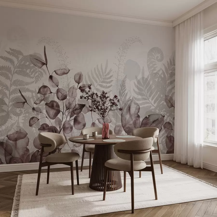 wall murals Листови еукалиптуса и папрати у нијансама бордо и сиве, ефекат акварела, ботаничка илустрација w09197v1