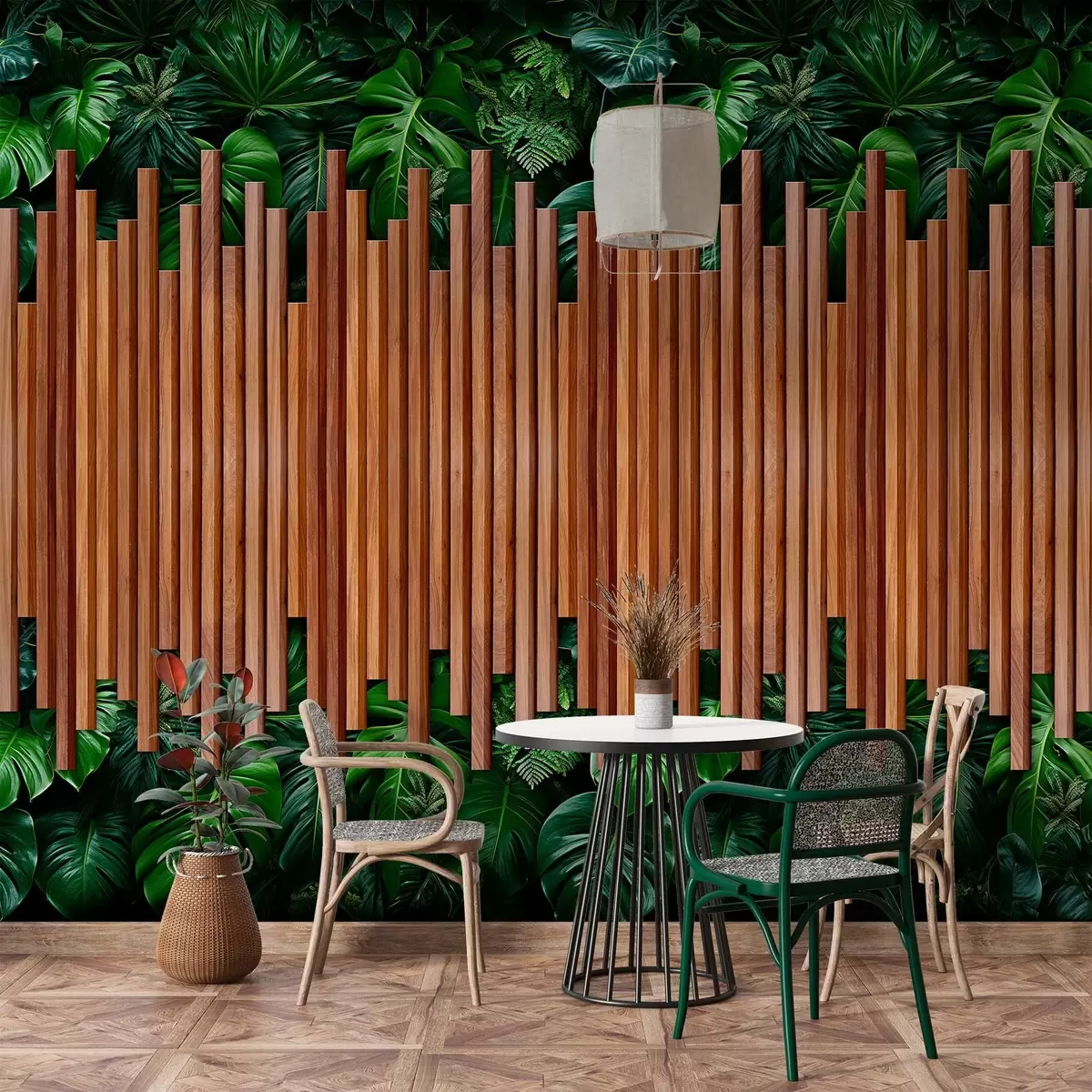 wall murals Имитација дрвених панела и зеленог зида w04138