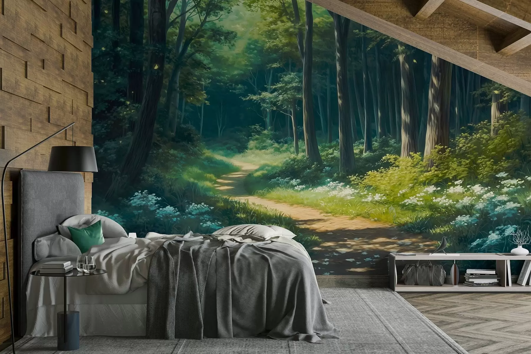 wall murals Зелена шума са нежном сунчевом светлошћу, дрвећем и белим цвећем, цртеж уљаним стилом w04118