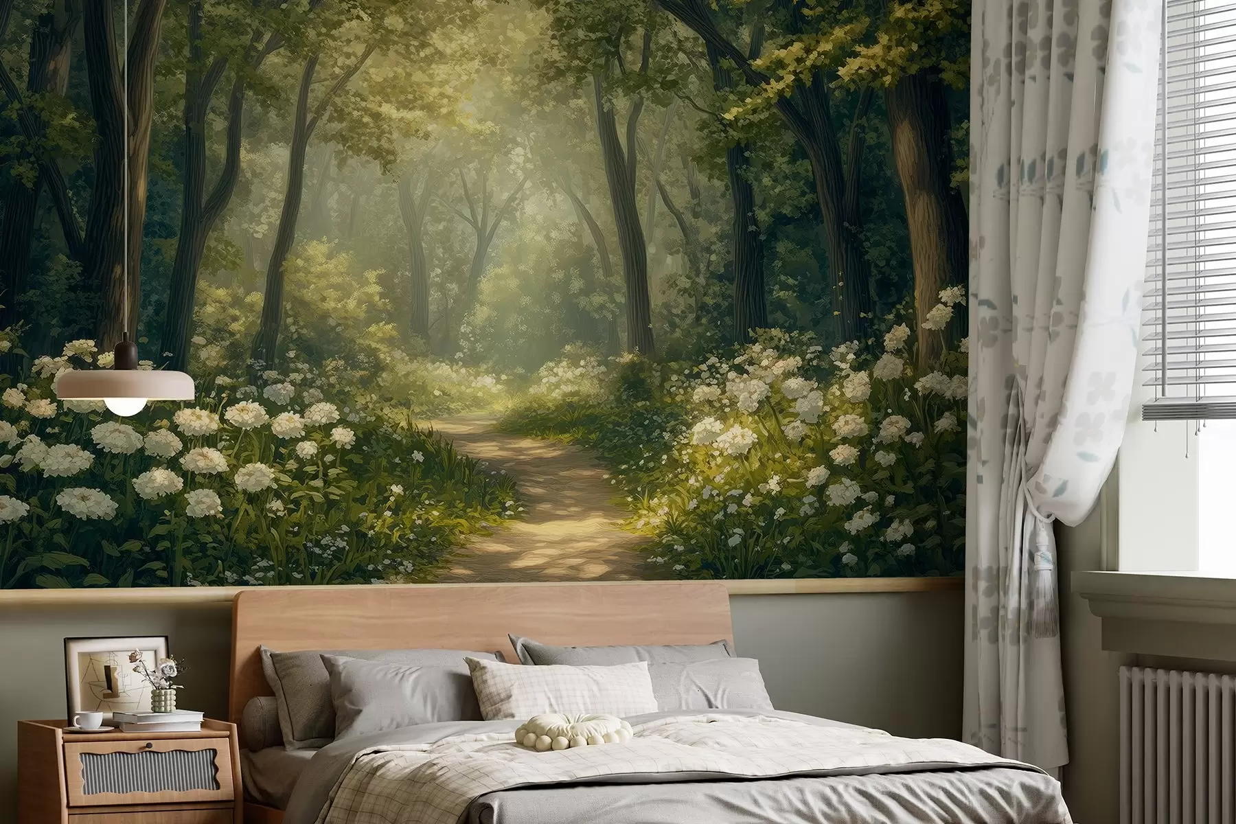 wall murals Стаза у зеленој шуми, бело цвеће, сунчева светлост, цртеж у акрилном стилу w04119