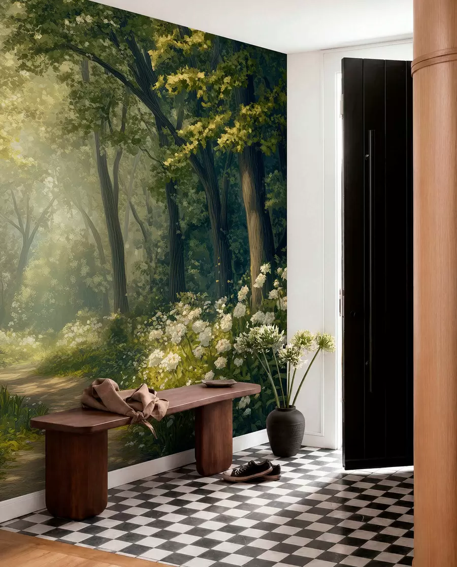 wall murals Стаза у зеленој шуми, бело цвеће, сунчева светлост, цртеж у акрилном стилу w04119