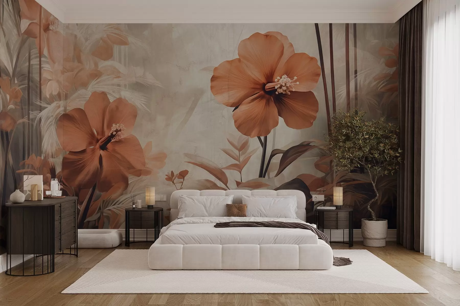 wall murals Пастелно црвени цветови хибискуса са листовима и стабљикама, тропска вегетација, меке, пригушене боје, винтаге стил w09203