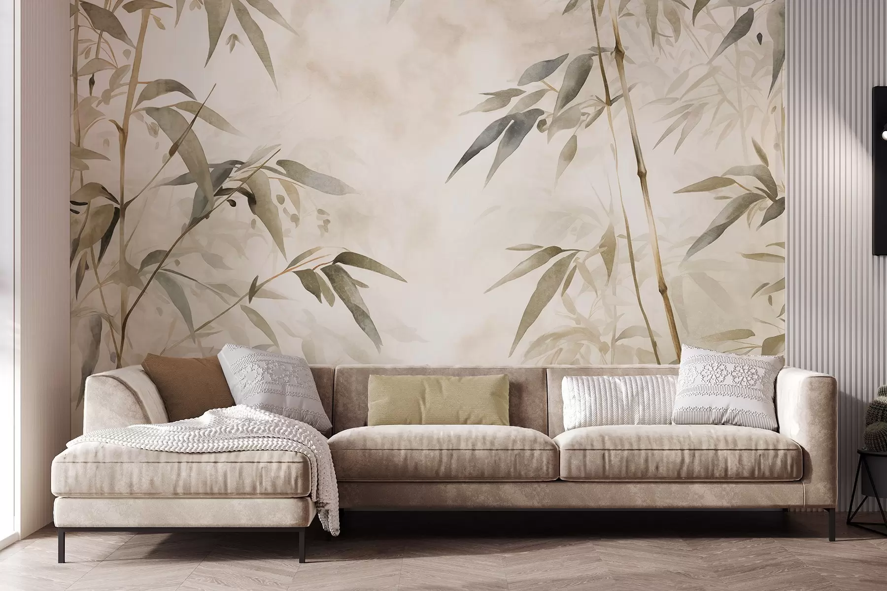 wall murals Гране текстуриране бамбусом са листовима у акварел стилу, мека неутрална палета боја, светло беж позадина w09204