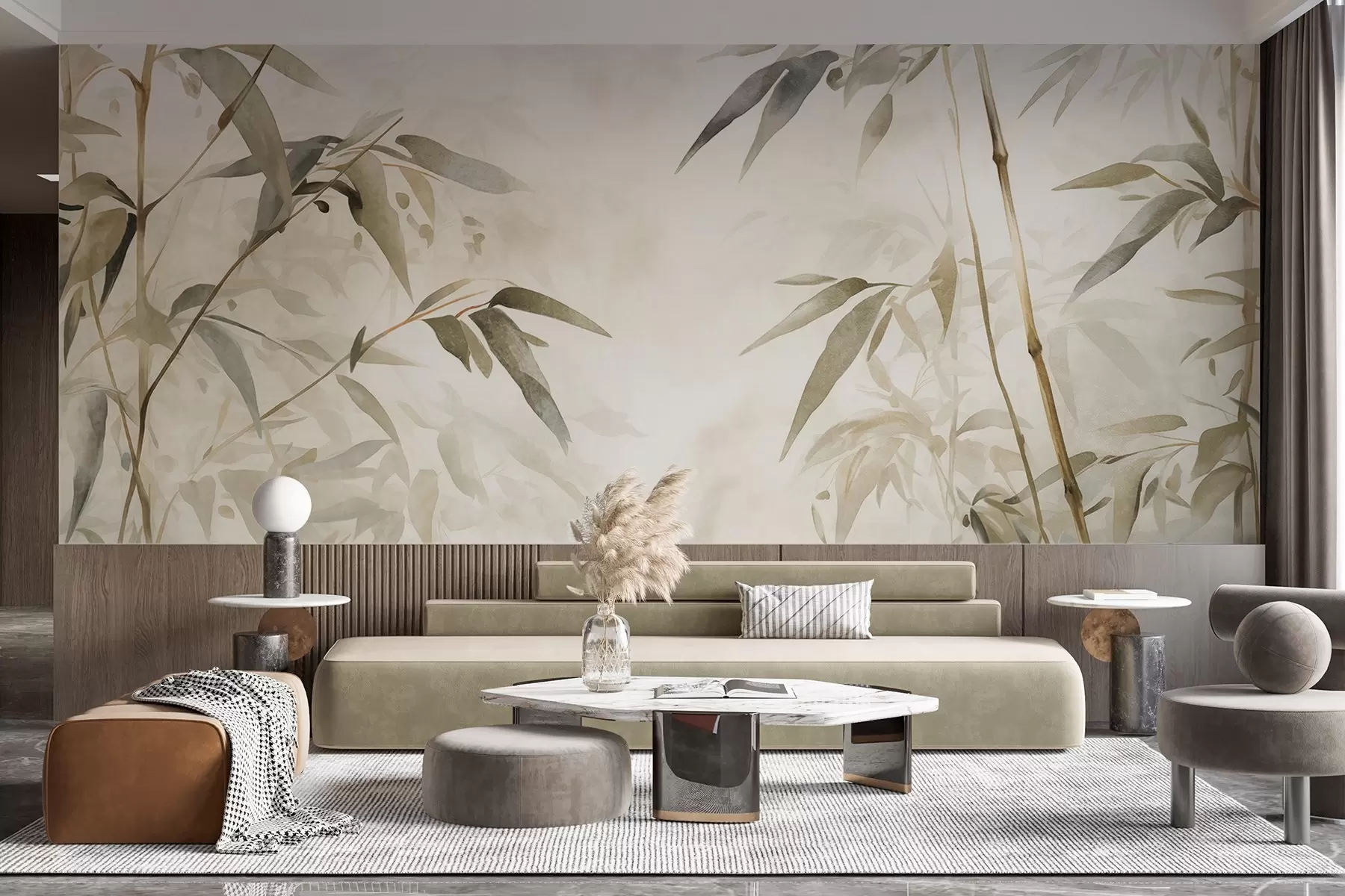 wall murals Гране текстуриране бамбусом са листовима у акварел стилу, мека неутрална палета боја, светло беж позадина w09204