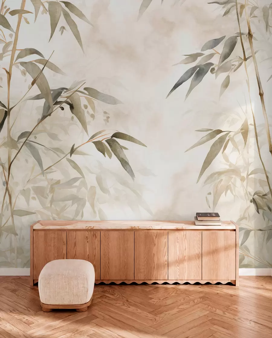 wall murals Гране текстуриране бамбусом са листовима у акварел стилу, мека неутрална палета боја, светло беж позадина w09204