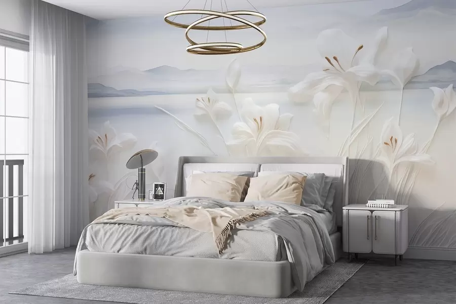 wall murals Бели љиљани са дугим стабљикама и листовима, планине и језеро у позадини, минималистичка пејзажна композиција w09206