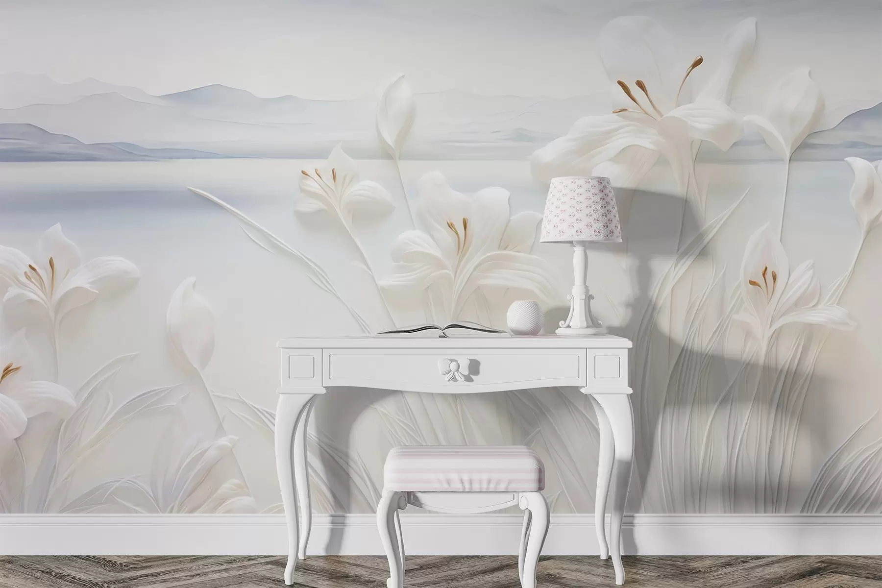 wall murals Бели љиљани са дугим стабљикама и листовима, планине и језеро у позадини, минималистичка пејзажна композиција w09206