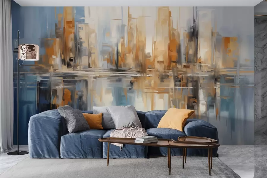 wall murals Апстрактни текстурирани градски град са високим зградама у нијансама наранџасте, плаве и беле, огледаним у води w09207